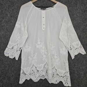 Multiples Blouse Womens L White Embroidered Crochet Cotton Tunic 3/4 Bell Sleeve